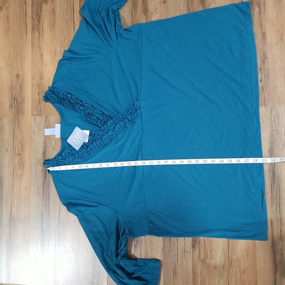 LIZ & ME Turquoise Blue V-Neck 3/4 Sleeve Ruffle Detail Top Shirt - Picture 9 of 11